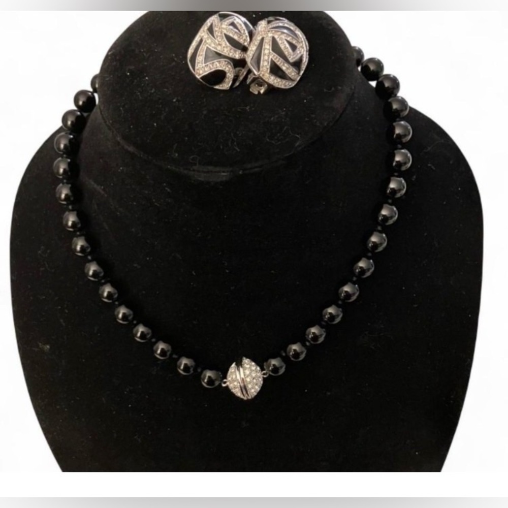 Old money Dior Vintage Black N Diamond Accents Clip Earrings.Onyx Necklace set!